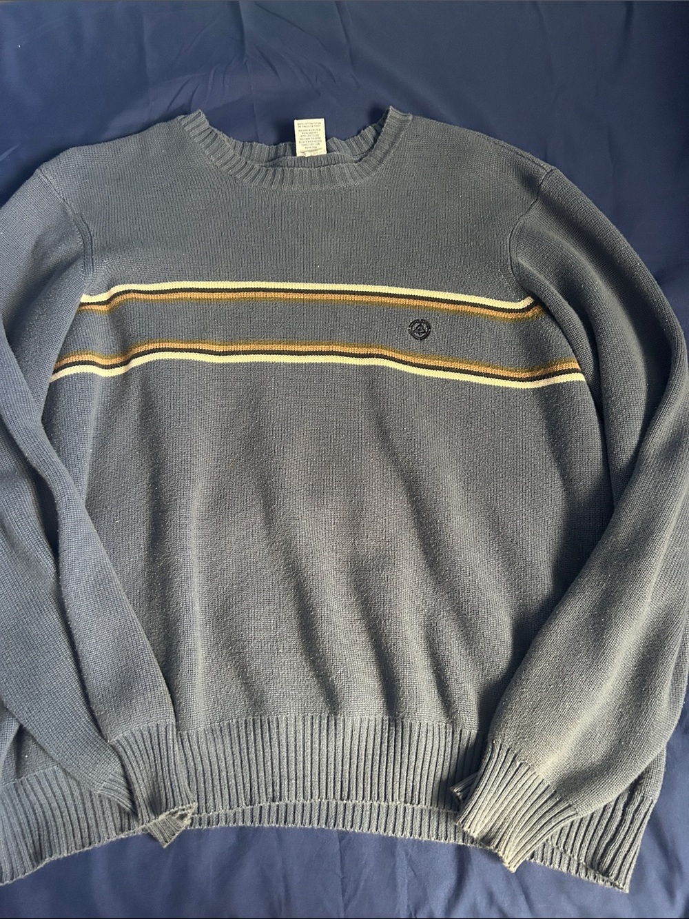 Vintage Old Navy Men's Slate Blue Crewneck Sweater with Yellow and Brown Stripes